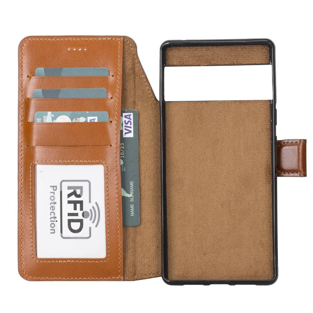 Brown phone wallet with card slots and RFID protection label on a white background