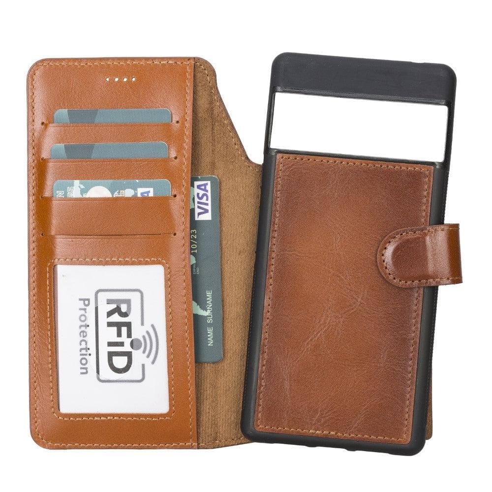 Brown leather phone wallet with card slots and RFID protection on a white background