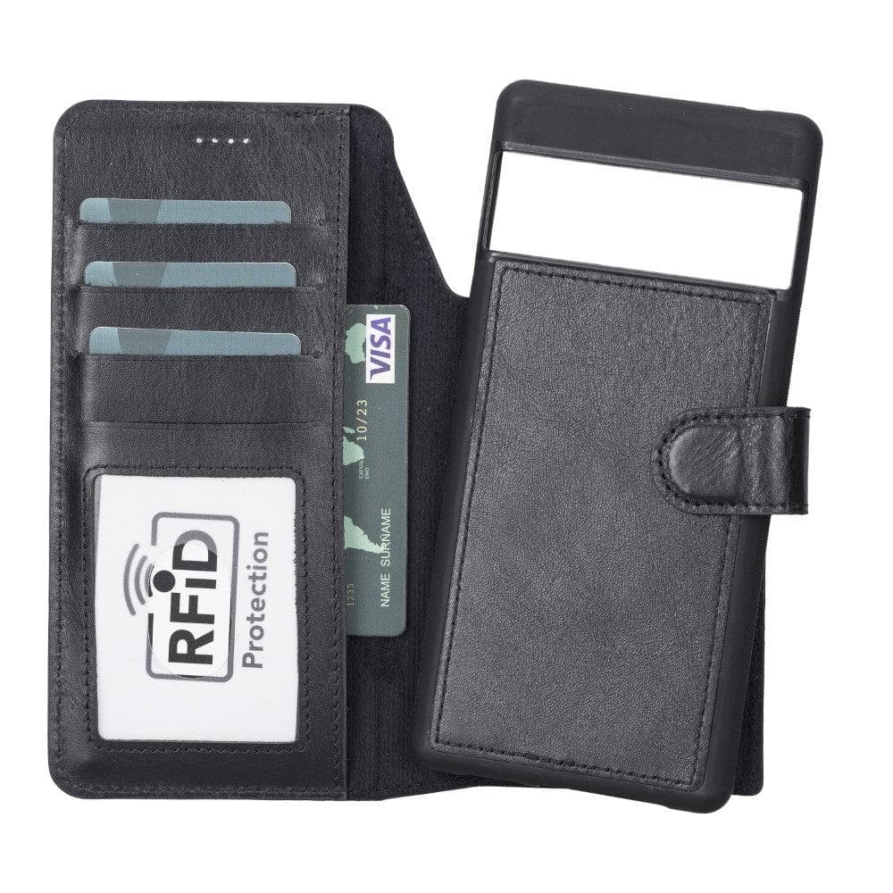 Black wallet with card slots and an open section showing a Visa card, with 'RFID Protection' label.