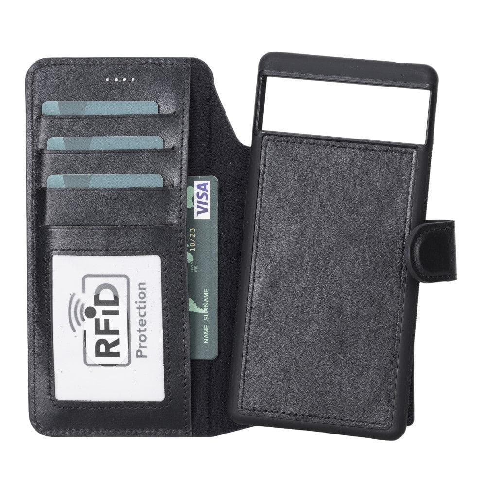 Black wallet with card slots and an open section showing a Visa card and RFID protection label.