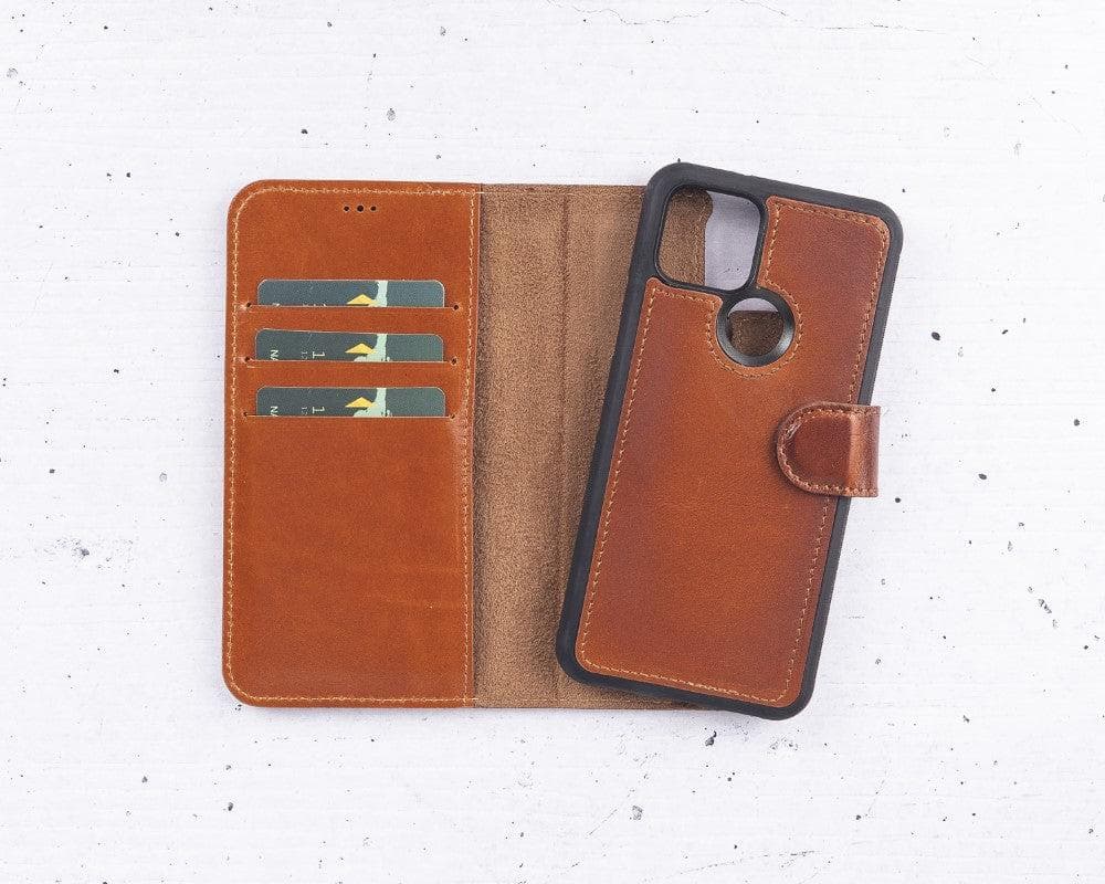 Brown leather phone case with card slots on a white background