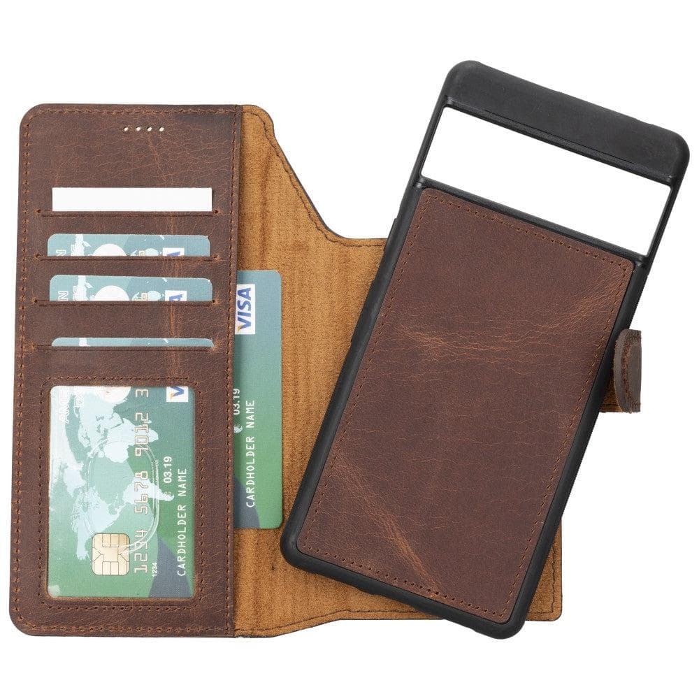 Brown leather wallet with card slots and phone stand on a white background