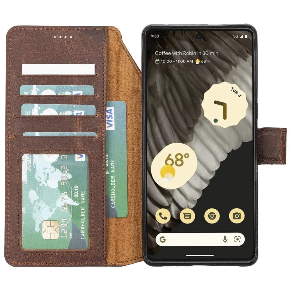 Smartphone in a brown leather case with card slots on a white background