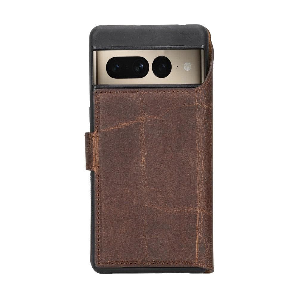 Brown leather google pixel case with a phone inside on a white background