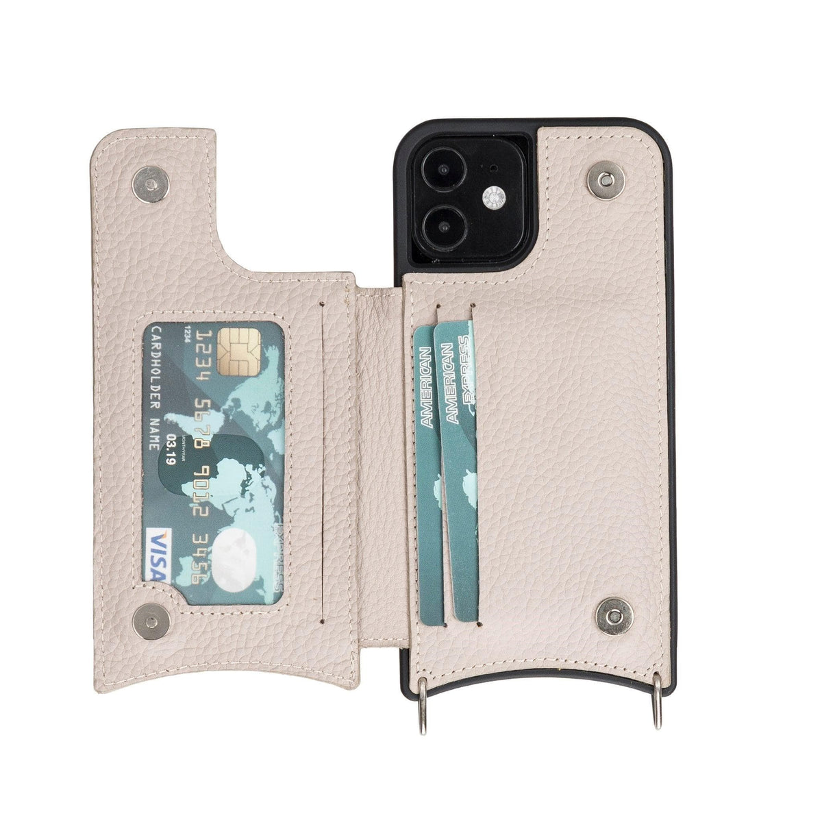 Phone case with card slots and a visible phone inside on a white background