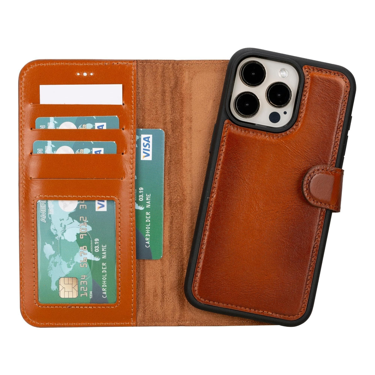 Brown leather phone case with card slots on a white background