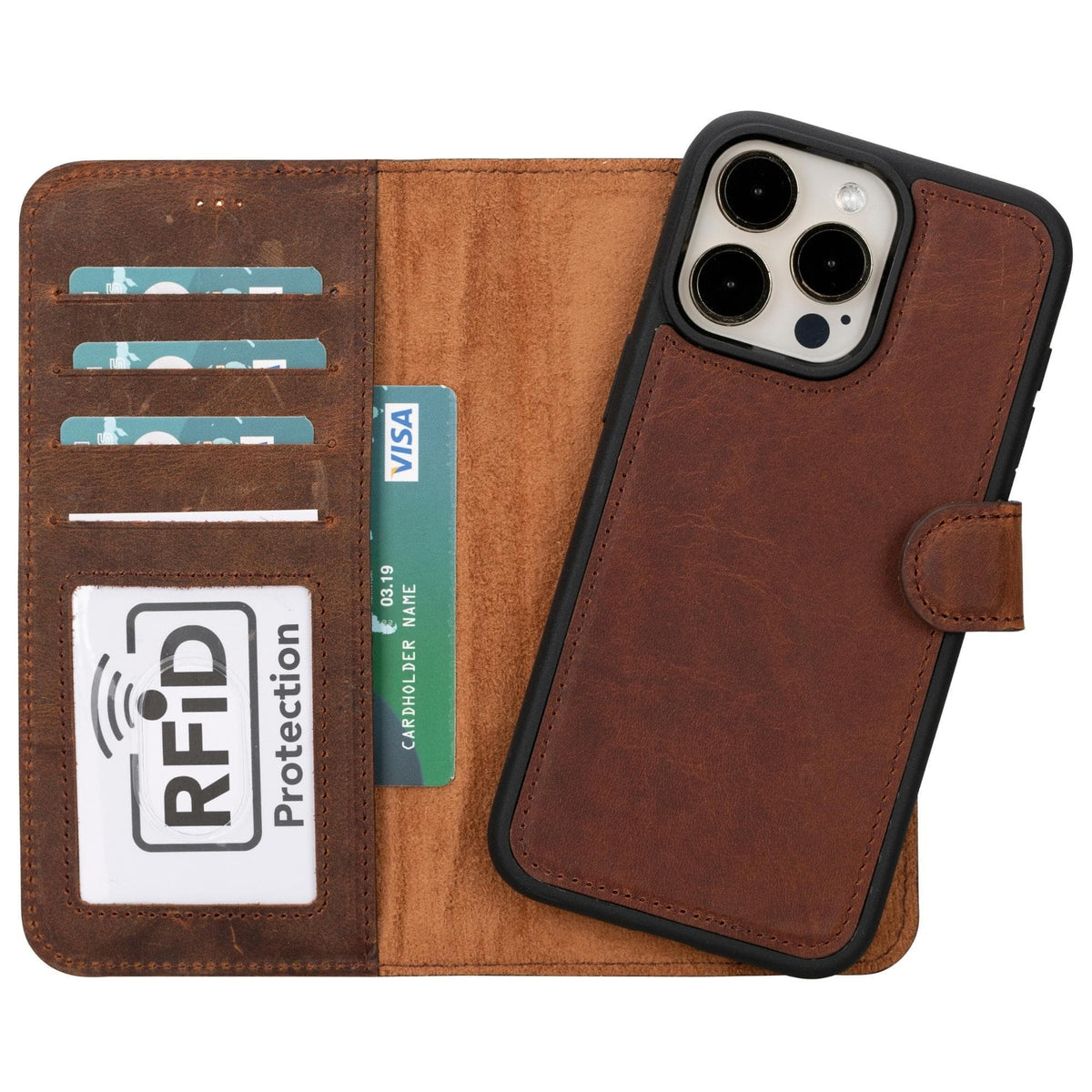 Brown leather phone case with card slots and RFID protection on a white background