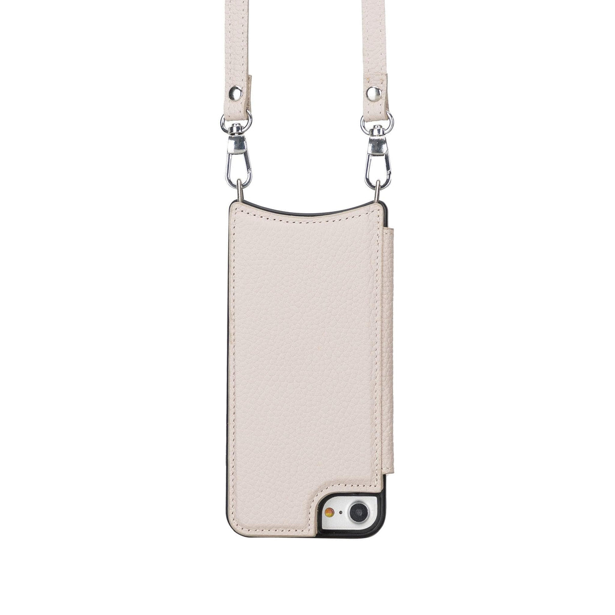 Beige phone case with a strap on a white background