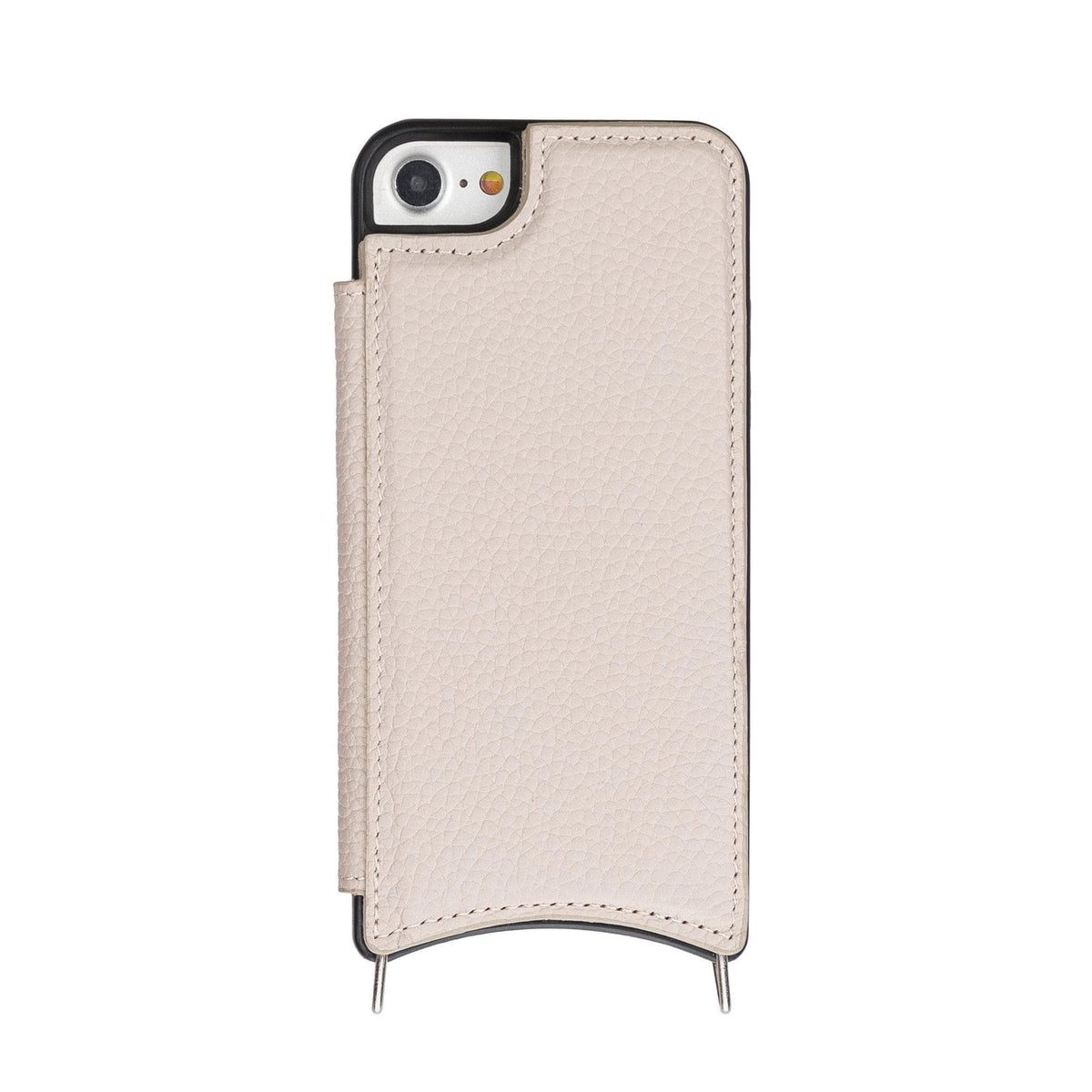 Phone case with a textured beige cover and black trim on a white background