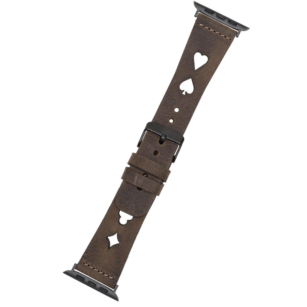 Brown leather watch strap with heart and diamond patterns on a white background