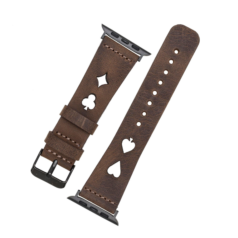 Brown leather watch strap with cut-out designs on a white background