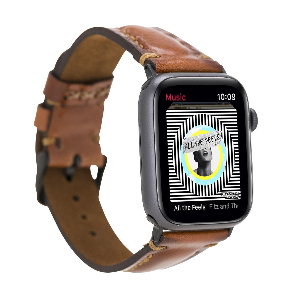 Smartwatch with a brown leather strap displaying a music app on a white background