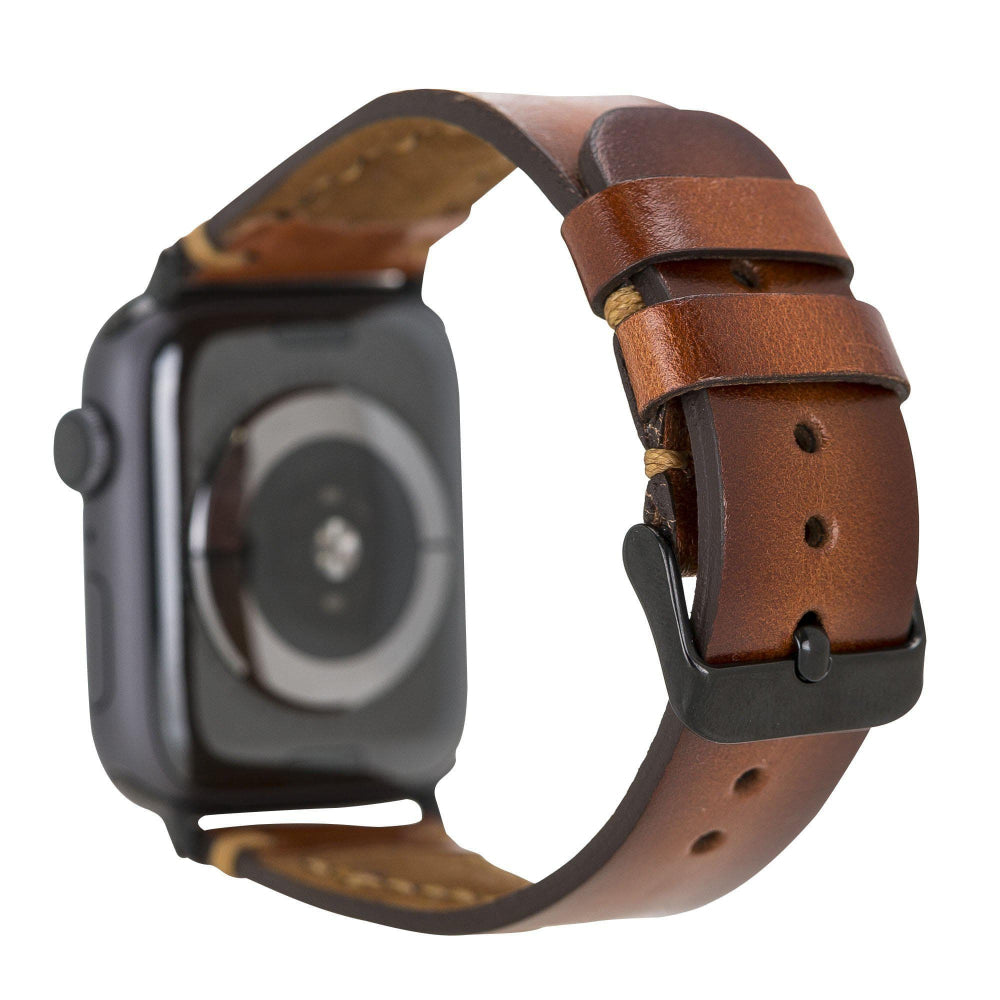 Smartwatch with a brown leather strap on a white background
