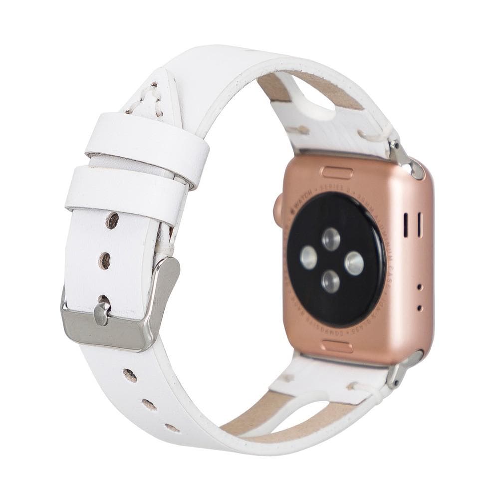Smartwatch with a white leather strap on a white background