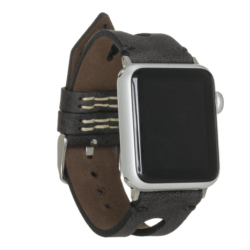 Smartwatch with a black and brown leather strap on a white background