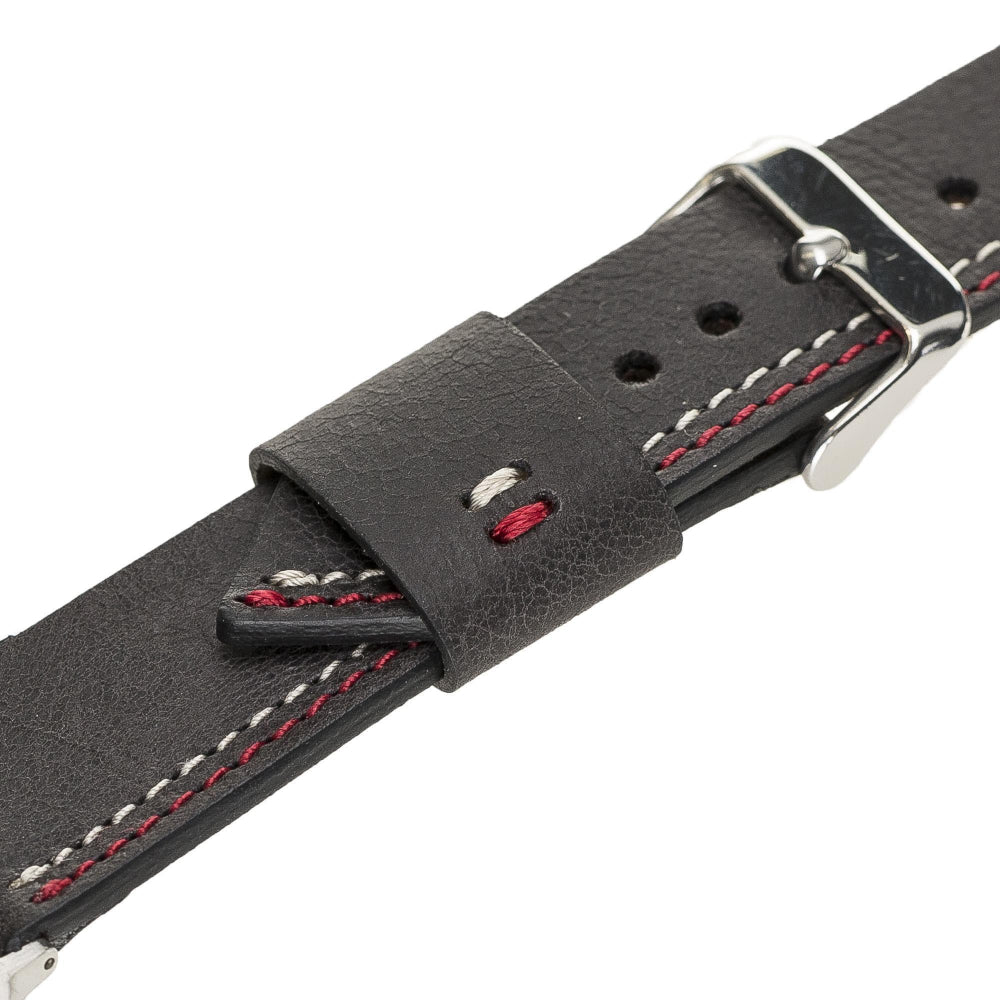 Black leather watch strap with red stitching on a white background