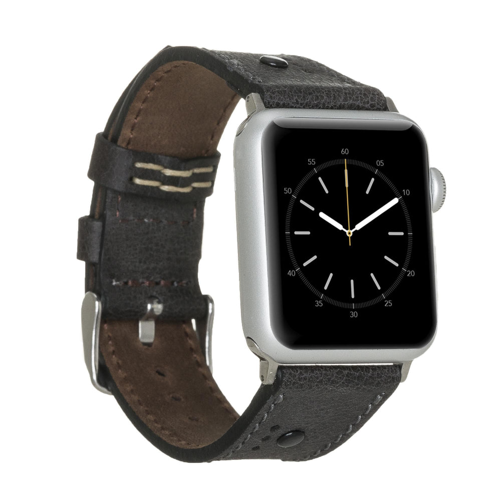Smartwatch with a black leather strap on a white background