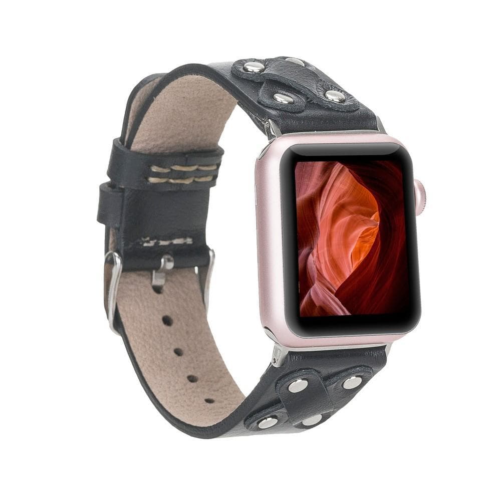 Smartwatch with a black leather strap on a white background