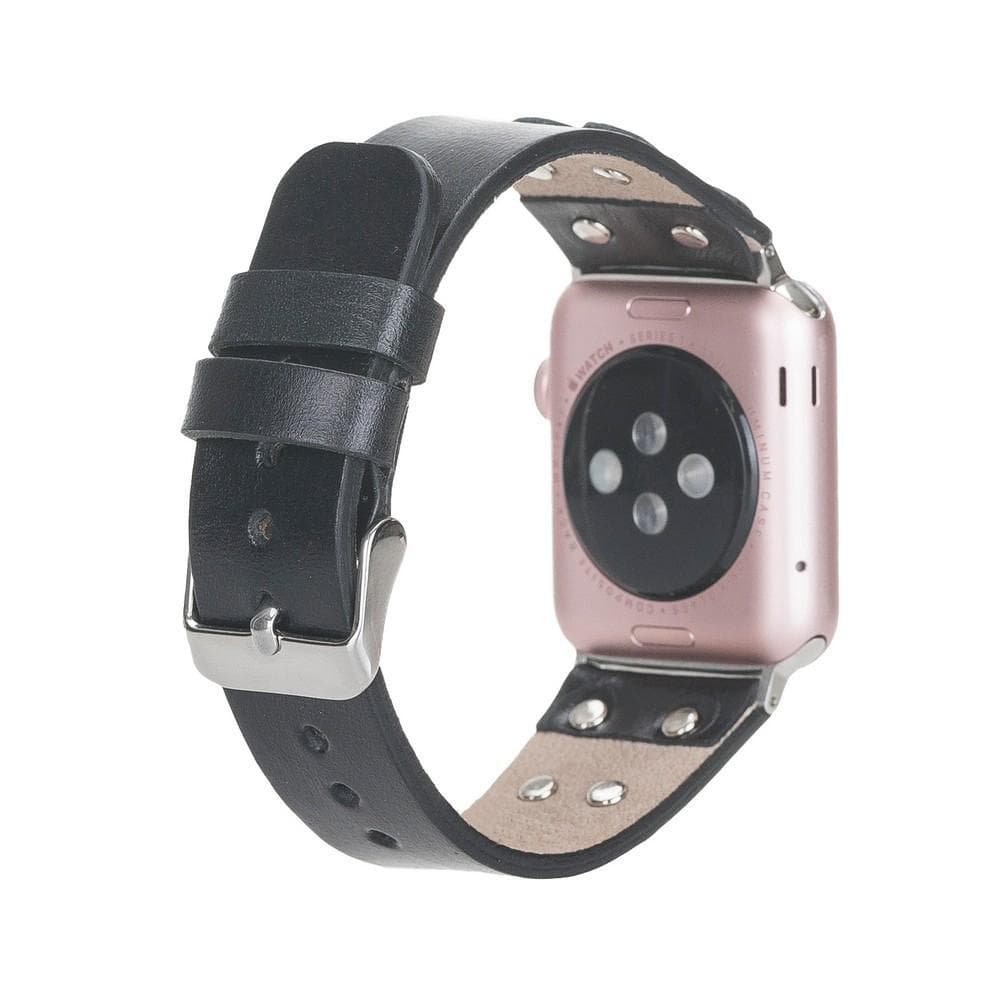 Smartwatch with a black leather strap on a white background