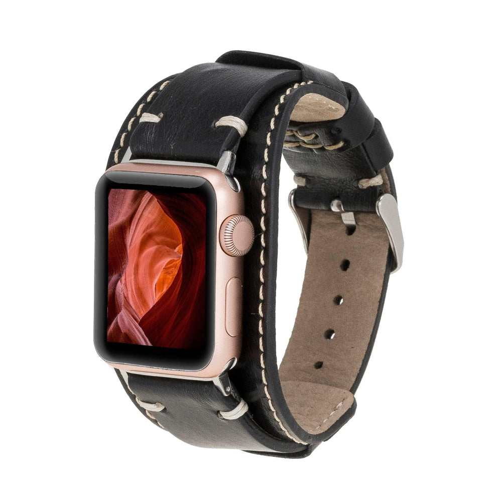 Smartwatch with a black leather strap on a white background