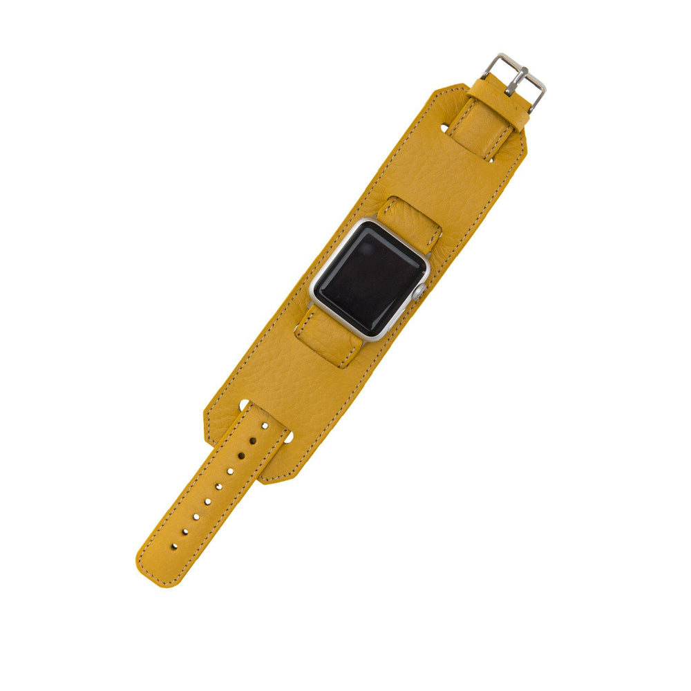 Yellow leather watch strap with a black watch face on a white background