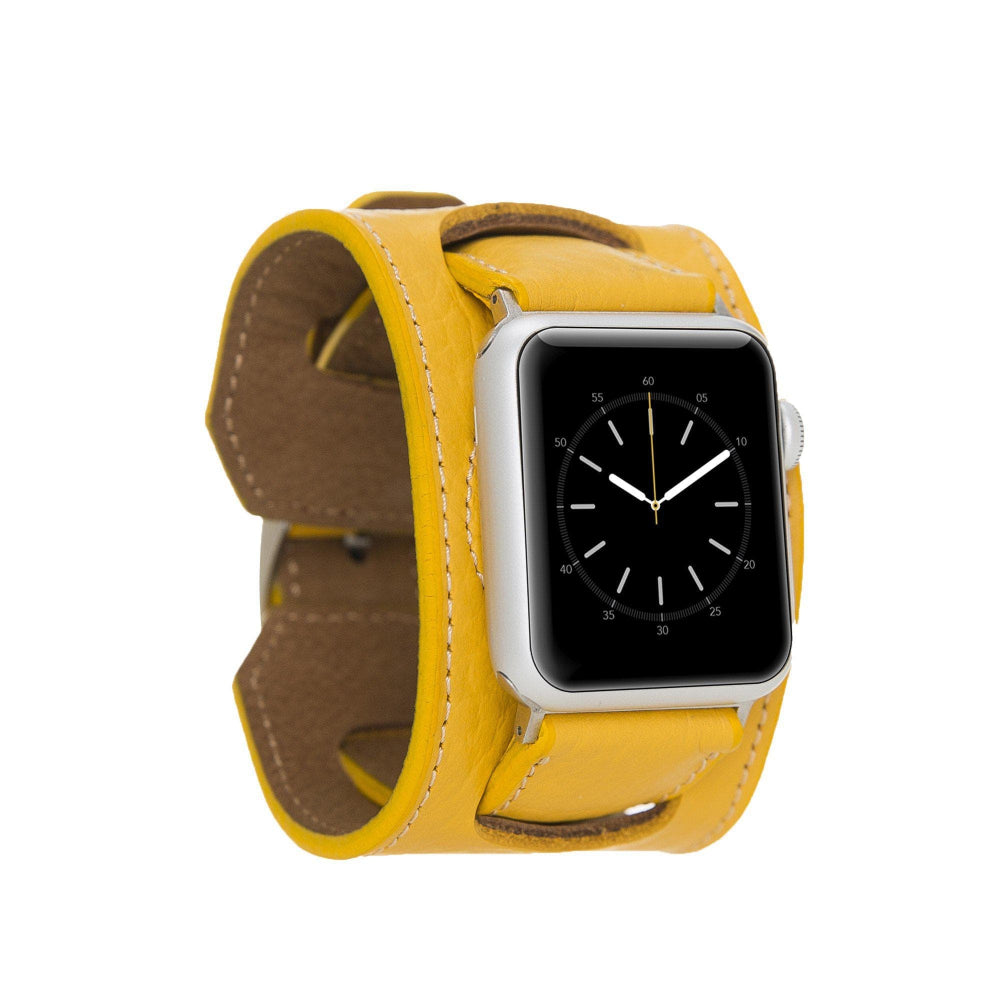 Smartwatch with a yellow leather strap on a white background
