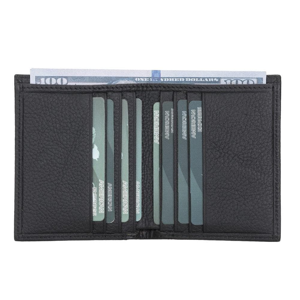 Black wallet with multiple card slots and a bill holder on a white background