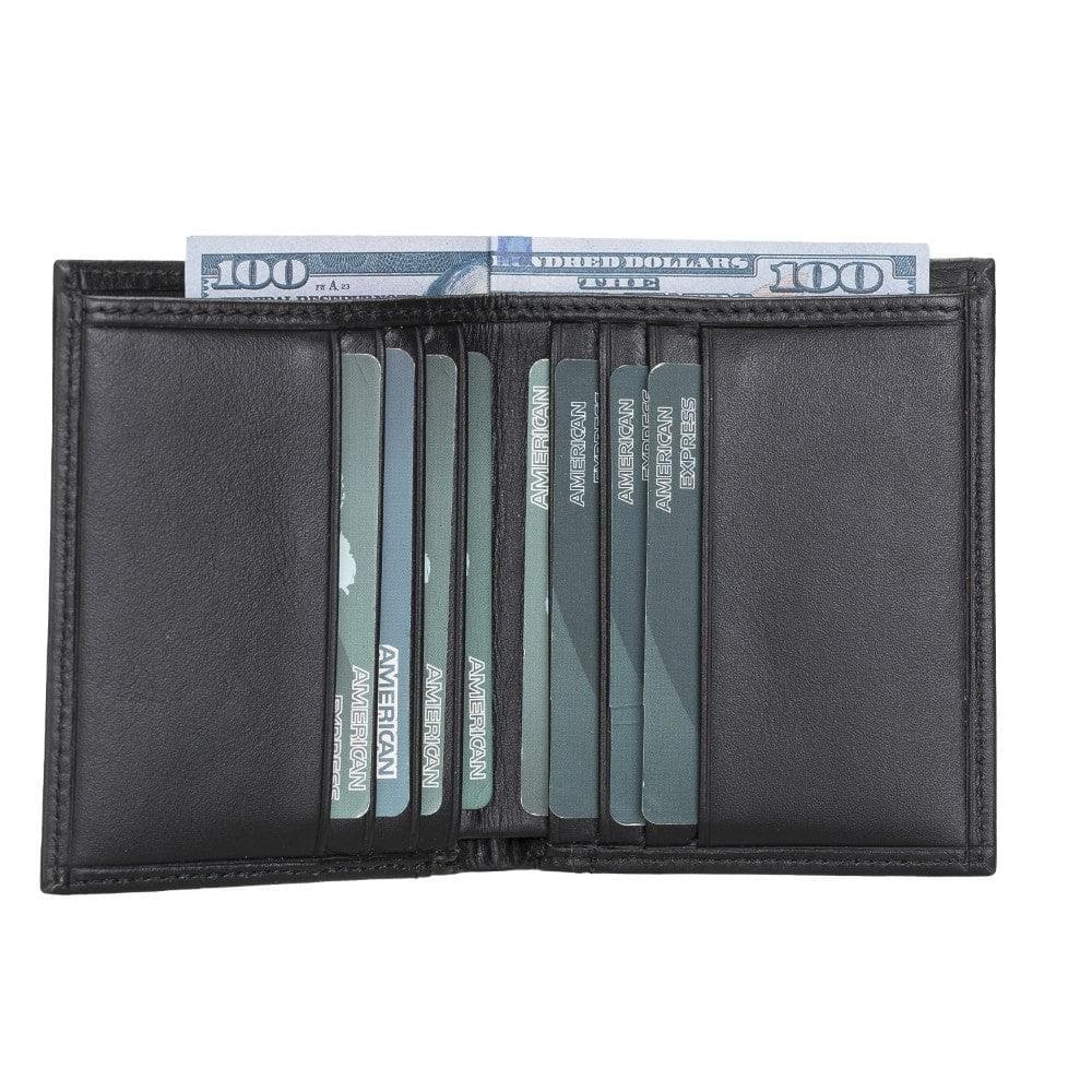 Black wallet with cards and money on a white background