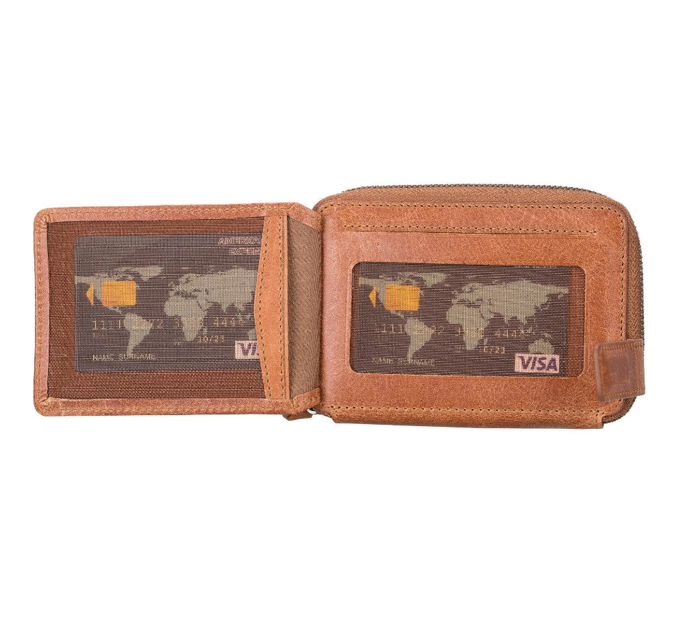 Brown leather wallet with world map design on card slots against a white background