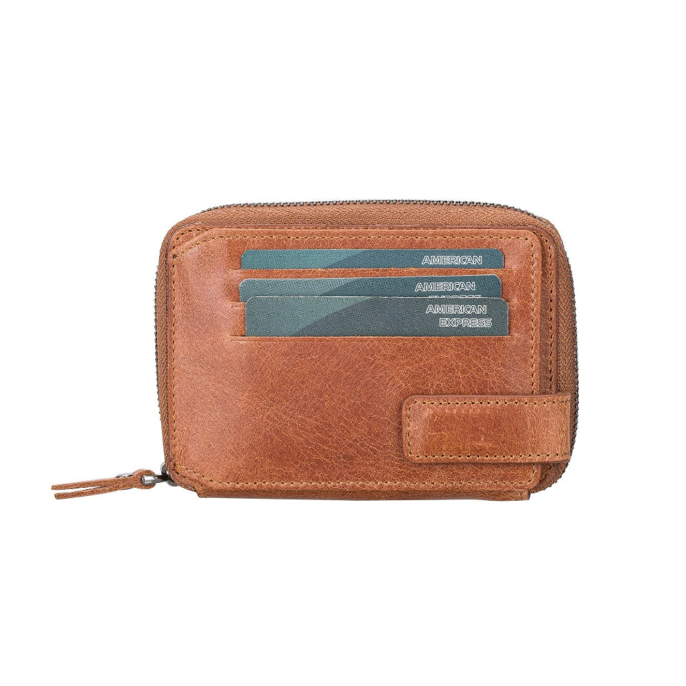Brown leather wallet with card slots on a white background