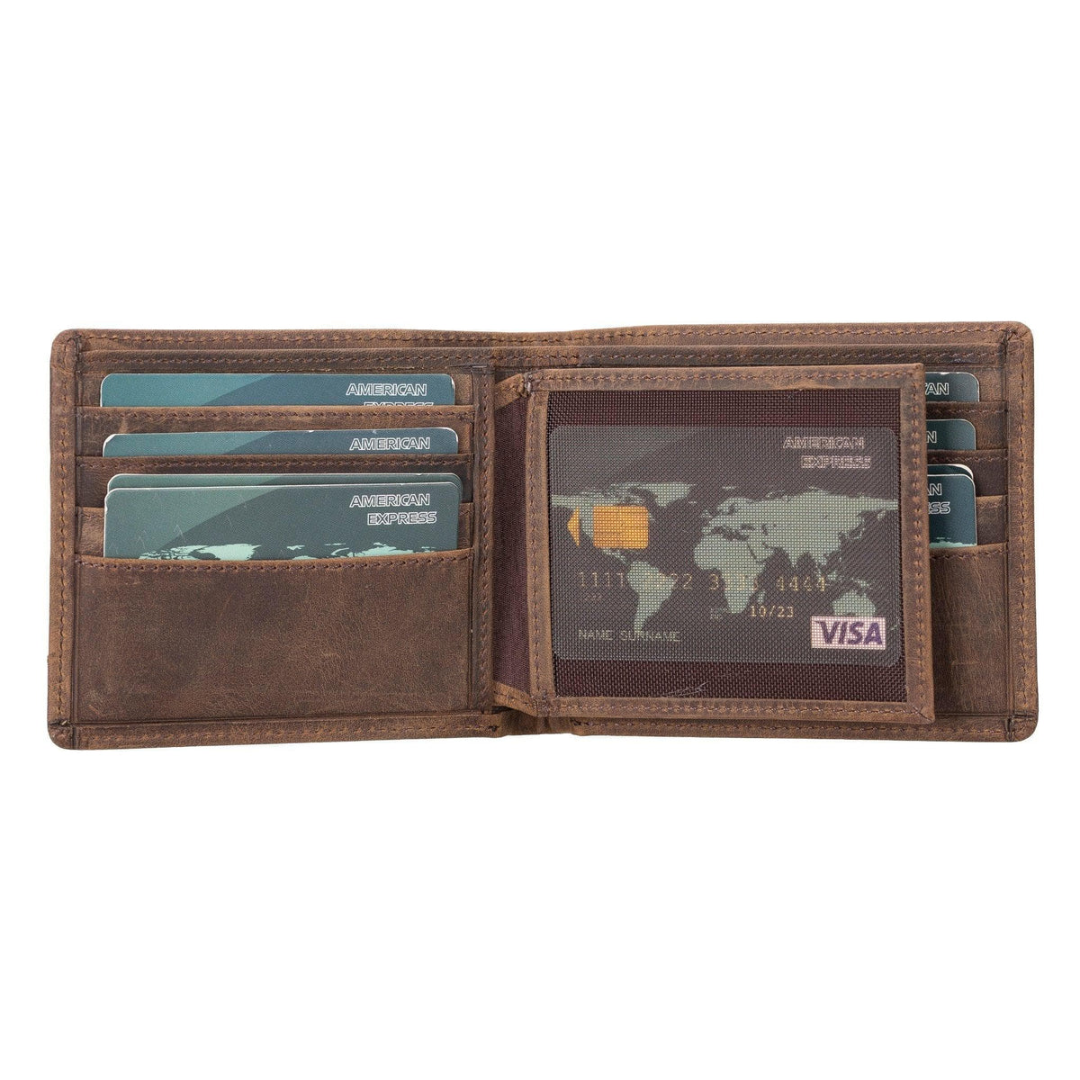 Brown leather wallet with card slots and a world map card on a white background