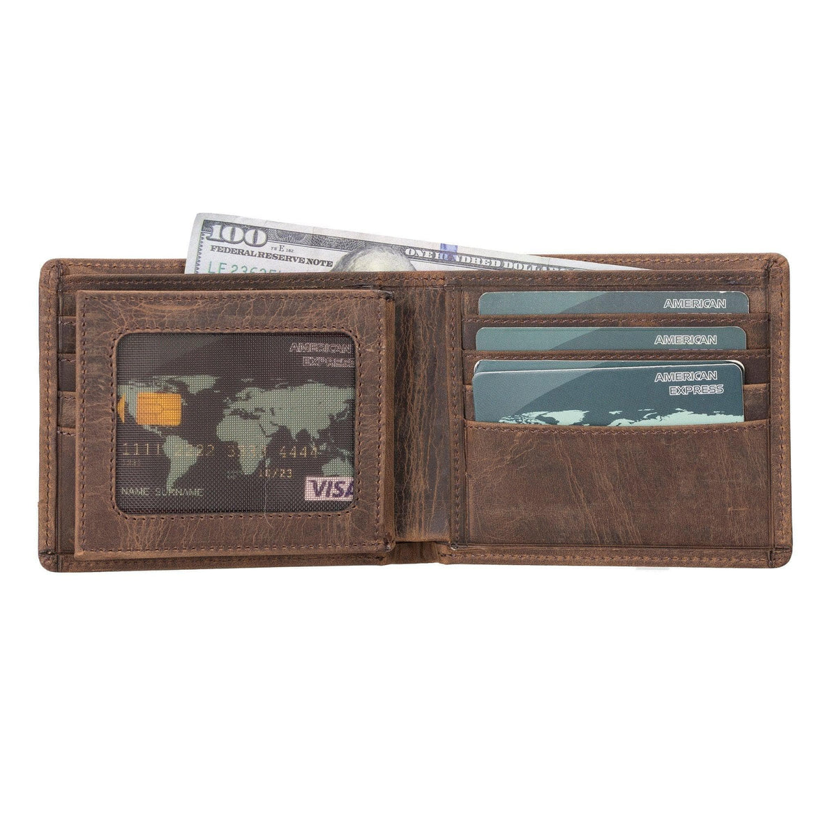 Brown leather wallet with card slots and a map design on a white background