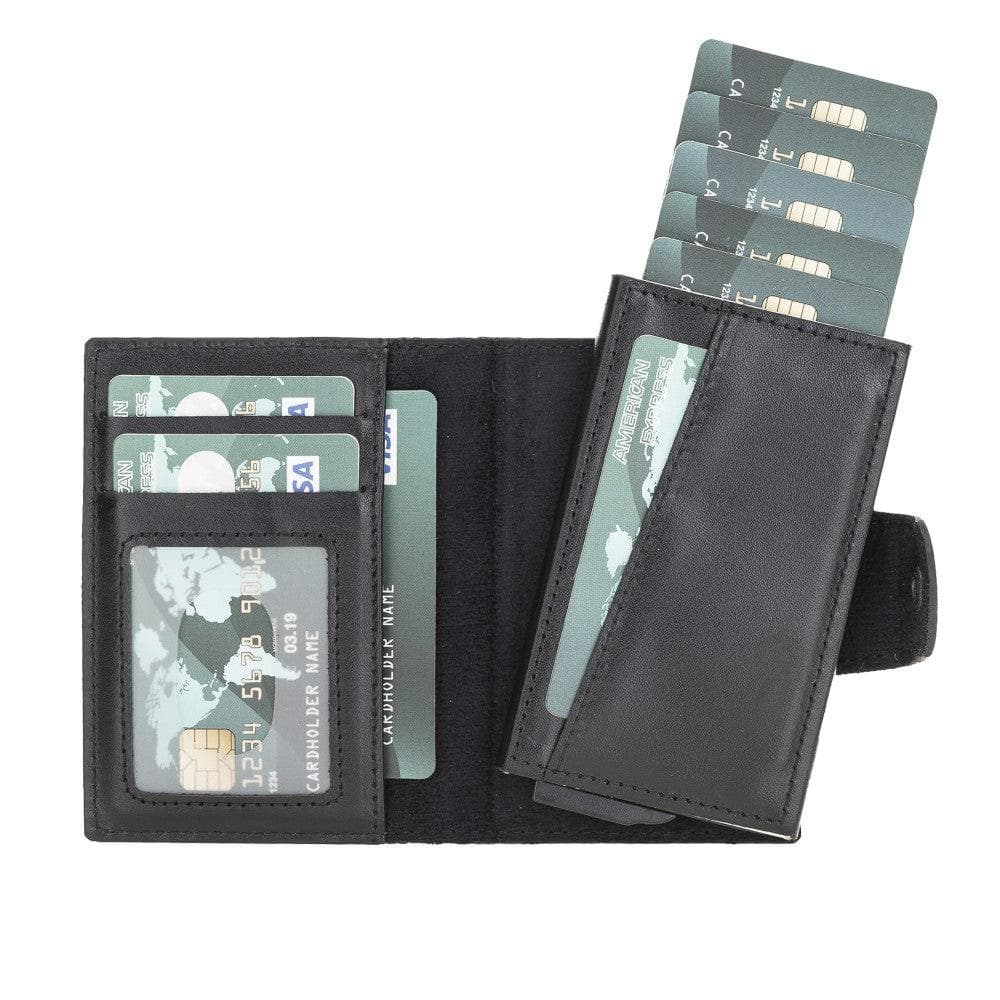 Black wallet with multiple cards displayed on a white background