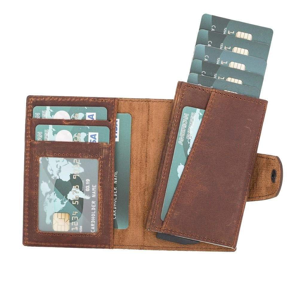 Brown leather wallet with multiple card slots on a white background