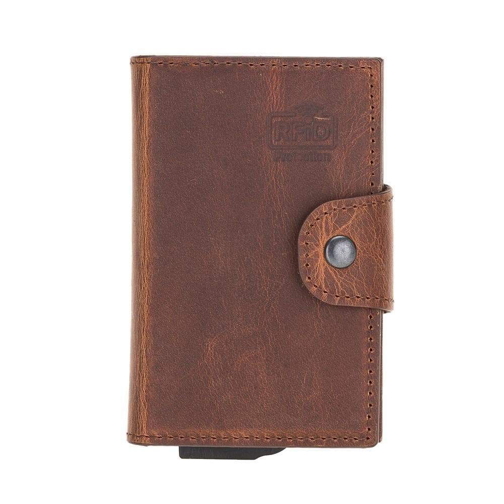 Brown leather wallet with a visible brand logo on a white background