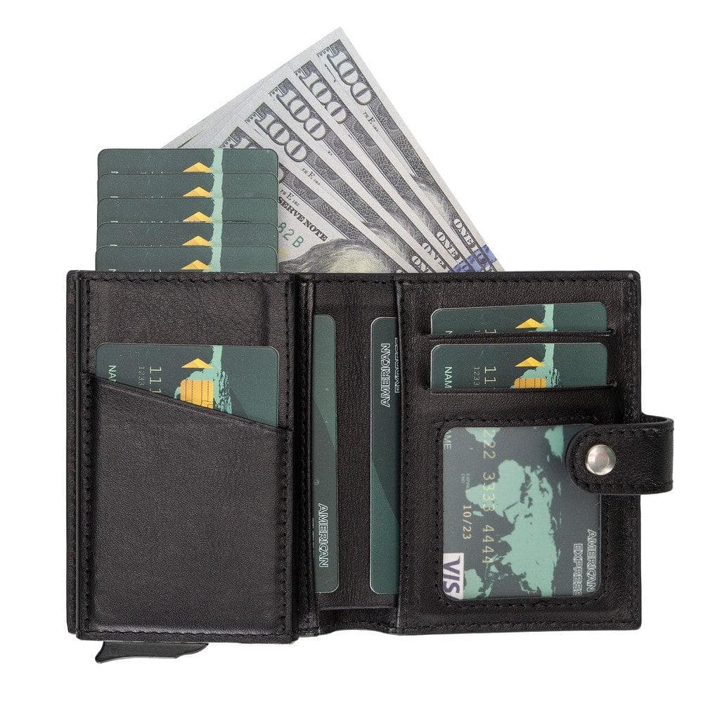 Black wallet with card slots and cash, on a white background