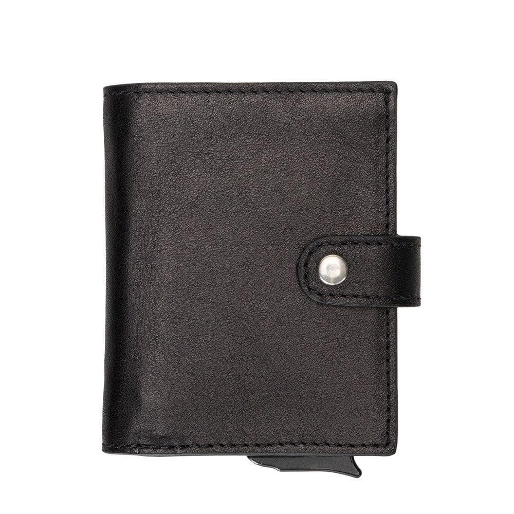 Black leather wallet with a silver clasp on a white background