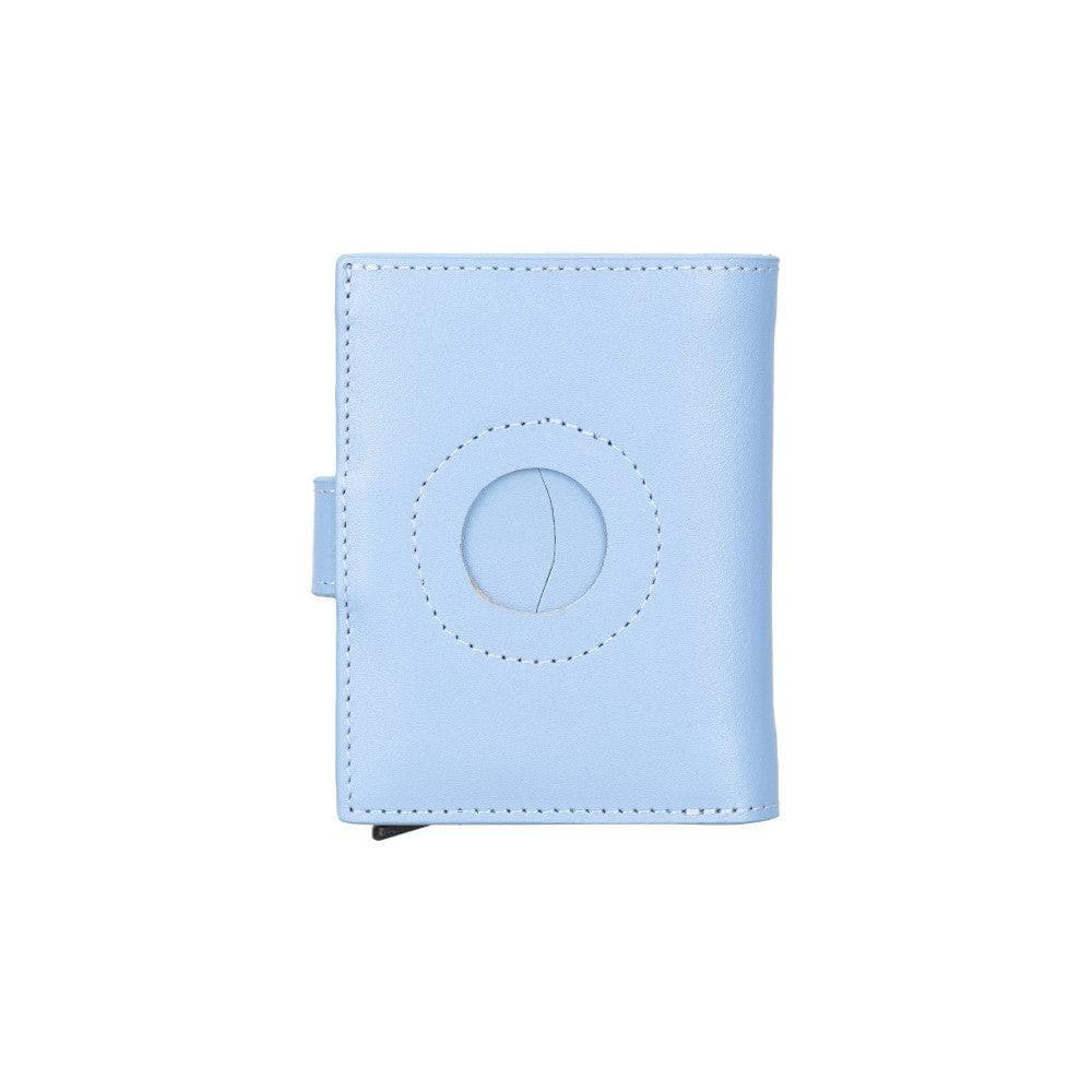 Light blue wallet with a circular design on a white background