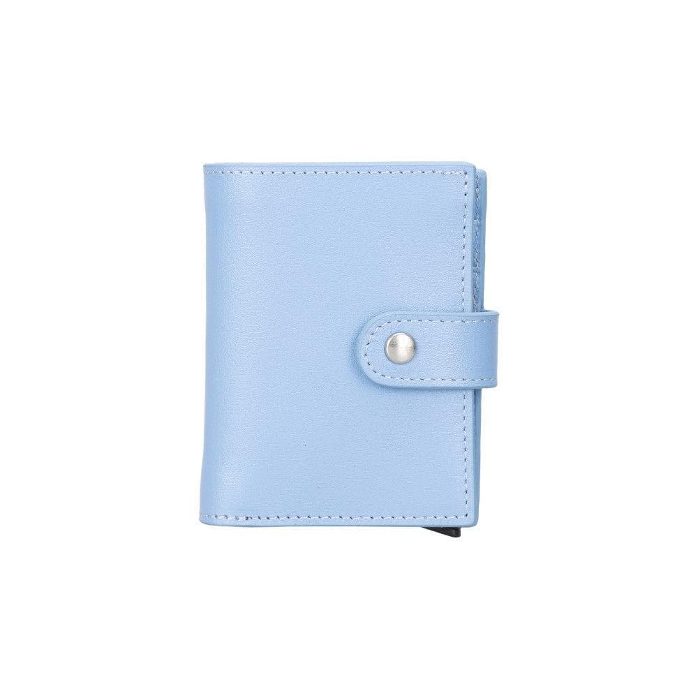 Light blue wallet with a button closure on a white background