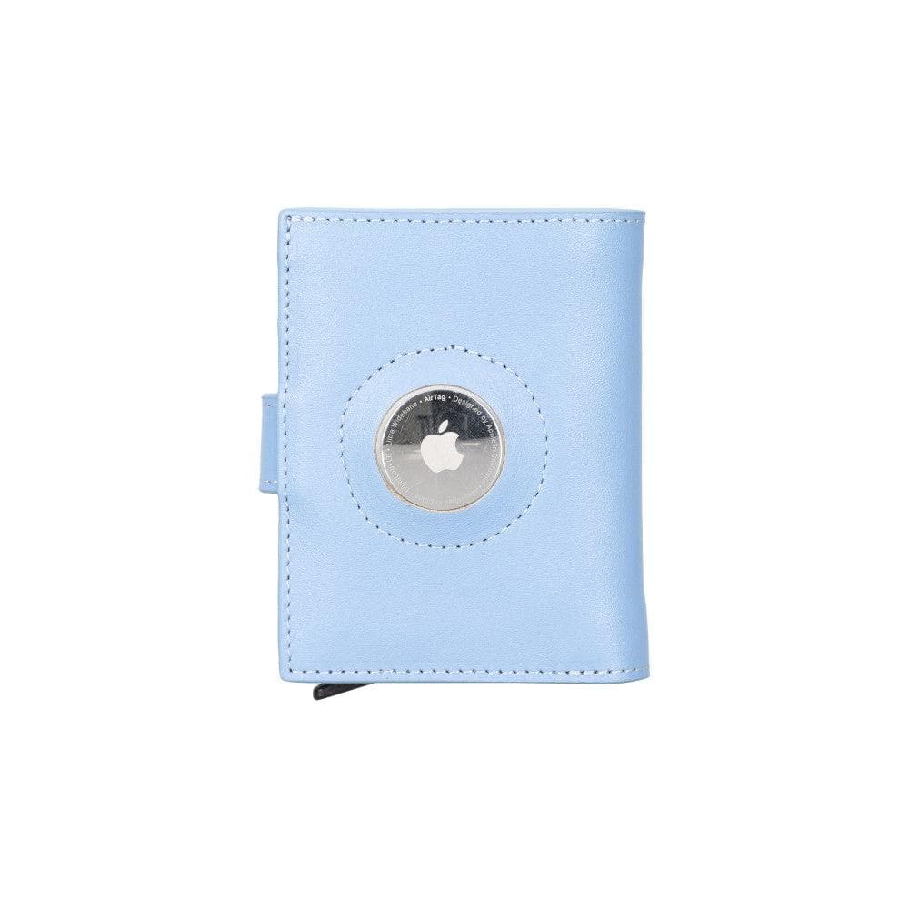 Light blue wallet with a silver emblem on a white background