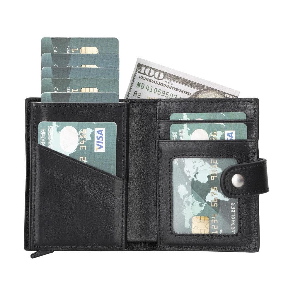Black wallet with various cards and money on a white background