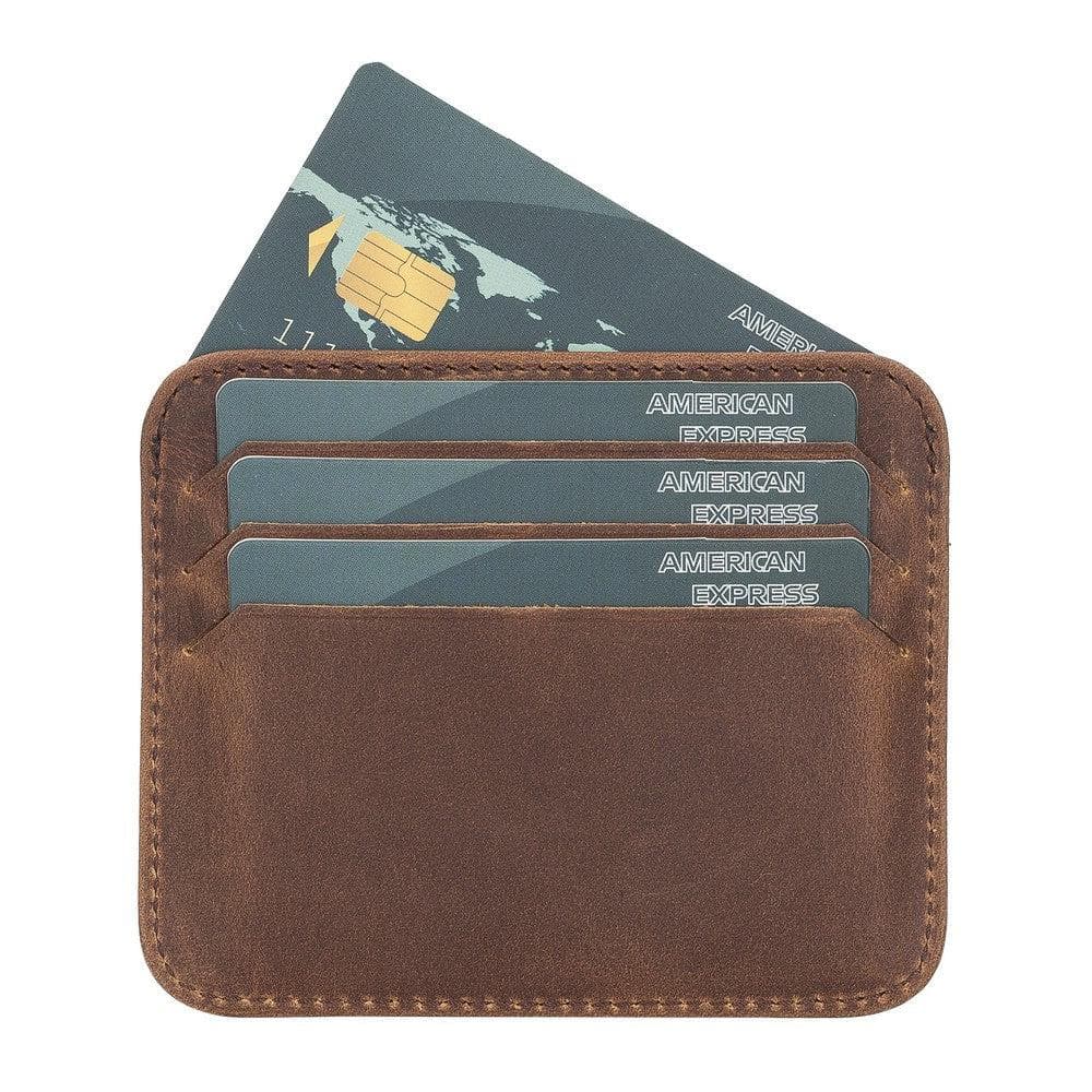 Brown leather cardholder with American Express cards on a white background