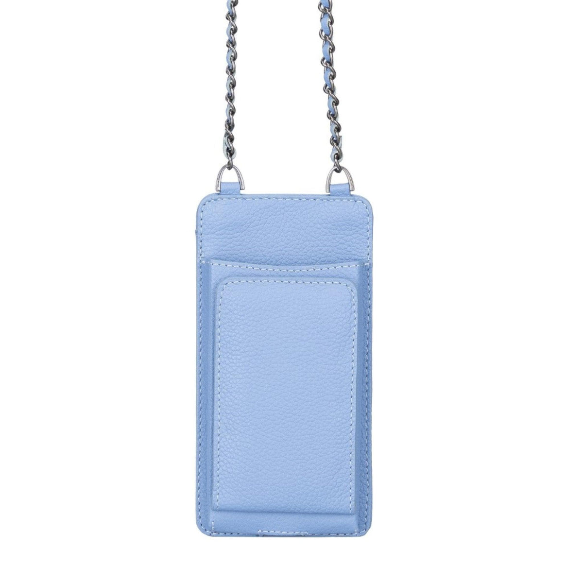 Light blue phone pouch with chain strap on a white background