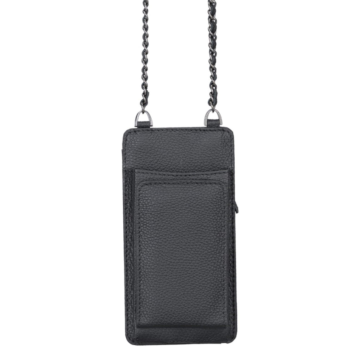 Black leather phone pouch with chain strap on a white background