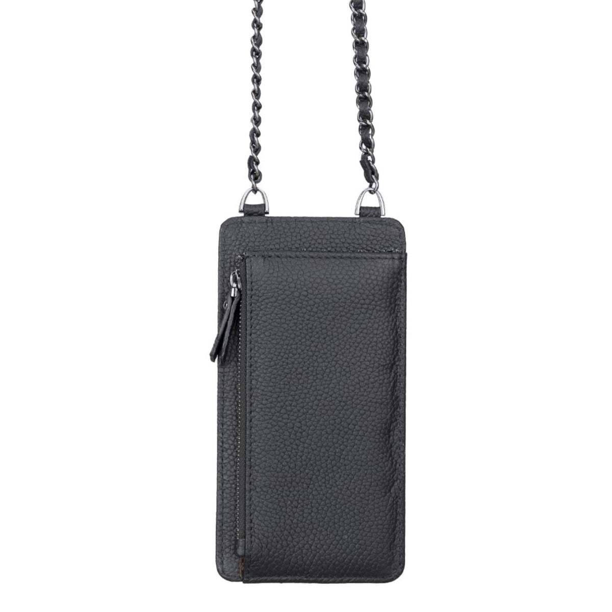Black crossbody bag with chain strap on a white background