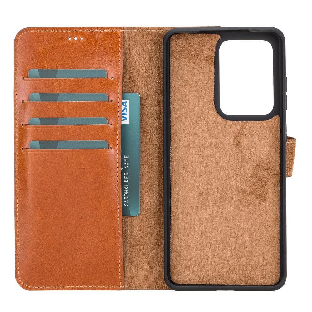 Brown phone case with card slots and phone stand feature on a white background