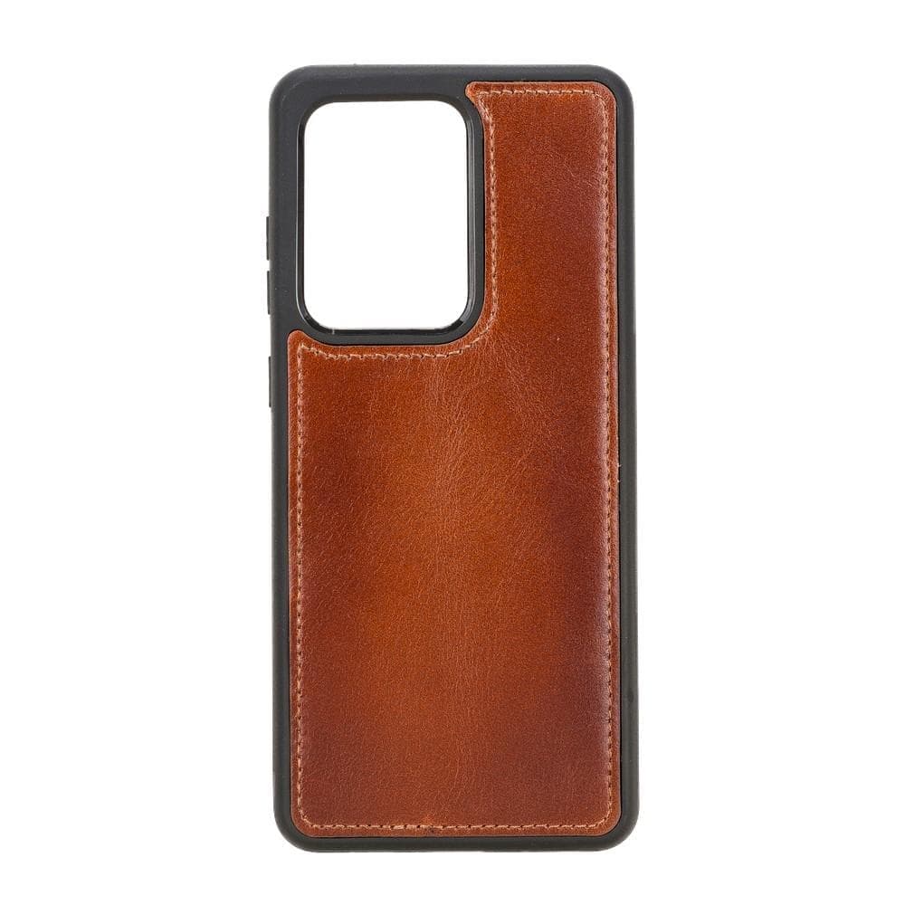 Brown leather phone case with black border on a white background