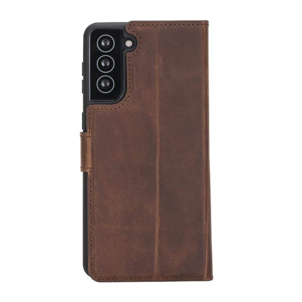 Brown leather phone case with card slots on a white background