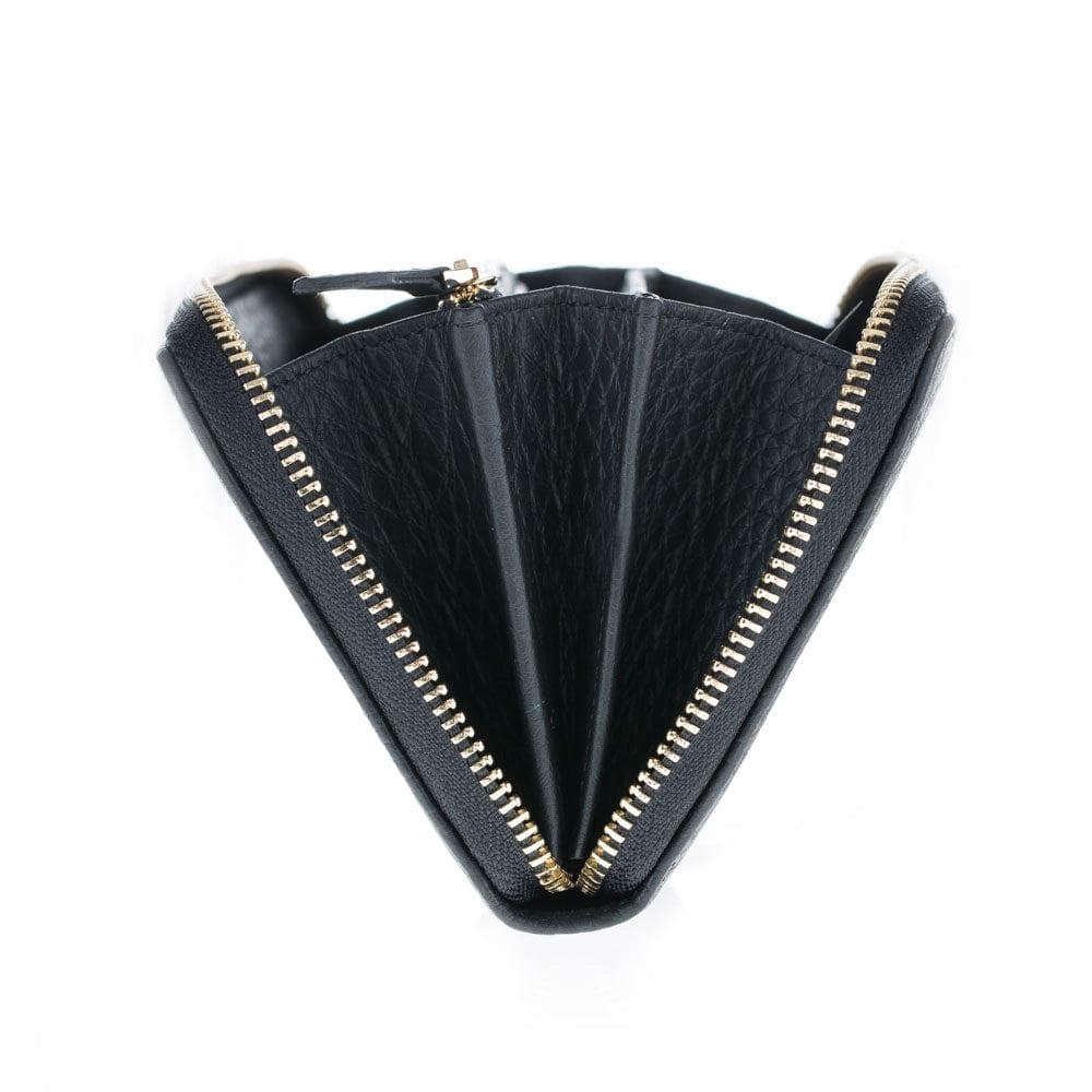 Black handbag with gold zipper on a white background