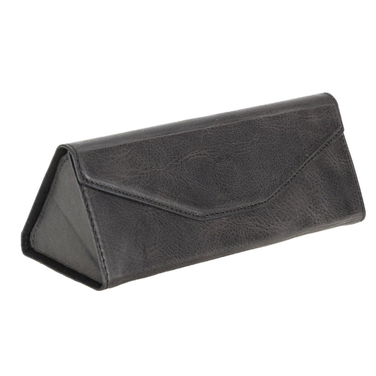 A black genuine leather smart glasses case with a triangular shape and magnetic closure.